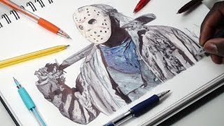 Drawing Jason Voorhees  INKTOBER DAY 24  Friday The 13th  DeMoose Art [upl. by Intihw]