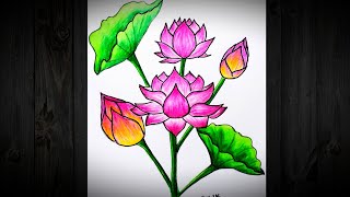 LOTUS FLOWER Drawing Easy StepbyStep  NILUFAR GUL Rasmini chizish Oson [upl. by Zeret]