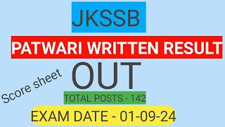 JKSSB PATWARI RESULT OUT  SCORE SHEET  TOTAL POSTS  142 [upl. by Eissalc]