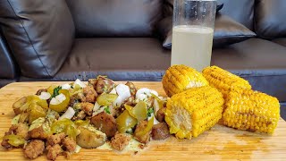 MEXICAN STYLE CORN AND LOADED SAUSAGE SPICY POTATOES MUKBANG [upl. by Marietta]