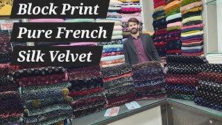 Block Printing Pure French Silk Velvet Dresses Most Demanding Article Fabric Sana Fabrics Pure Silk [upl. by Sheply]