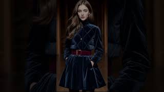 Quilted Puffer Dress Coat with Fitted Bodice ALine Skirt and Velvet Texture in Royal Navy [upl. by Norrat]