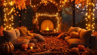 Fall Jazz Playlist With Porch Ambience 🍂 Pumpkin Glow Rain amp Fireplace For Sleep  Relax 🍂 [upl. by Levinson]