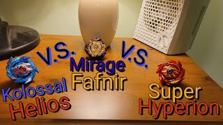 BEYBLADE BATTLE Mirage Fafnir F6 vs Kolossal Helios H6 vs Super Hyperion H6 Beyblade Burst Surge [upl. by Wertheimer972]