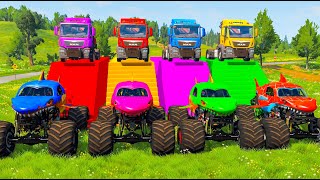 5 MONSTER TRUCKS VS COLOR WATER SLIDE  5 Color Lightning Mcqueen vs Long Slide Game  BeamNG Drive [upl. by Yenatirb]