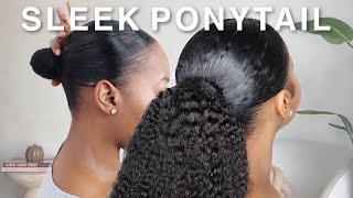 EASY Sleek Ponytail Tutorial On Natural Hair Using A Drawstring Ponytail  Junoda [upl. by Annaoi]