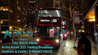 FULL ROUTE VISUAL  London Bus Route 333 Tooting Broadway  Elephant amp Castle LK66HCE HA53 [upl. by Bachman]