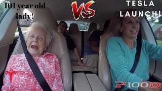 101 YEAR OLD LADY REACTS TO TESLA P100D LAUNCH [upl. by Ellac]