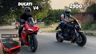 Drag Race Z900 Vs Ducati V4  Cute Girl Reaction on Kawasaki Z900  Loudest Mustang z900 kawasaki [upl. by Aeslehc]