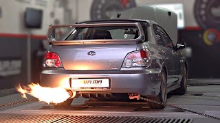 500HP 07 Subaru Impreza STi feat SCREAMER PIPE on the DYNO  EJ25 Sound Flames amp Turbo Noises [upl. by Aitel]