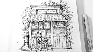 Urban Sketching Cafe  pen drawing [upl. by Gaston215]