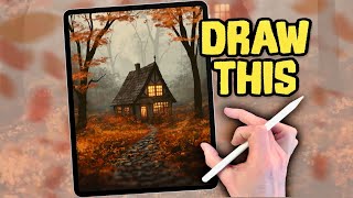 PROCREATE Landscape DRAWING Tutorial in EASY steps  Fall Autumn woods Cottage [upl. by Der]