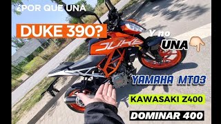 KTM DUKE 390 VS YAMAHA MT 03 KAWASAKI Z400 DOMINAR 400 COMPARATIVA DE LAS 4 [upl. by Ailen316]