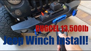 Winch Install On Jeep Wrangler JK Rugcel 13500lb Install and Test [upl. by Eilrahc]