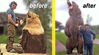 My best CHAINSAW wood carving SCULPTURES artistic wood carving [upl. by Grosz697]