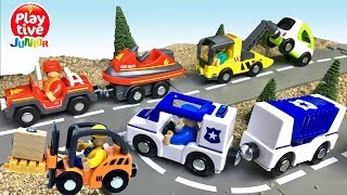 COLECCION DE COCHES PLAYTIVE JUNIOR CON CAMION DE BOMBEROS COCHE DE POLICIA Y CAMION BASURA [upl. by Mahau384]