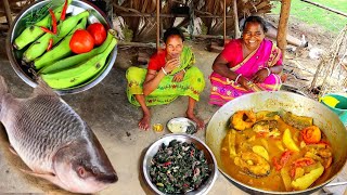 rohu fish with raw banana curry and Shak vaji cooking for lunch menu by tribe womenrural village [upl. by Pierson714]