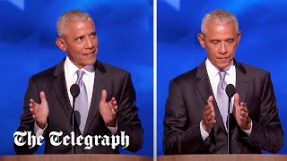 Barack Obama uses hand gesture to mock Trumps obsession with crowd sizes [upl. by Ludvig566]