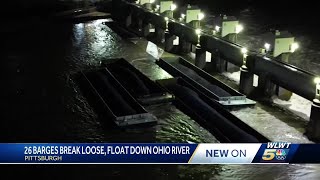 26 barges break loose float uncontrolled down Ohio River [upl. by Nnylylloh494]