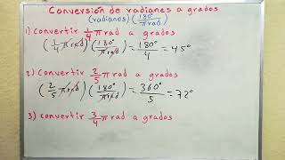 Conversión de radianes a grados Explicado paso a paso ejemplos 1 2 y 3 [upl. by Abagail]