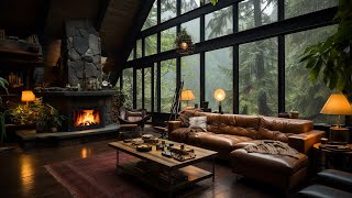 Jazz Relaxing Music  Rainy Day at Cozy House Inside Forest with Gentle Rain Fireplace Sounds 🌧️🔥 [upl. by Ahsekam]