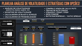 Planilha ANÁLISE DE VOLATILIDADE IMPLÍCITA EWMA GARCH VOL HISTÓRICA e ESTRATÉGIAS COM OPÇÕES [upl. by Leontina]