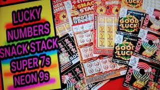 SCRATCHCARDSSNACK STACKSUPER 7s LUCKY NUMBERSNEON 9s [upl. by Ahseek]