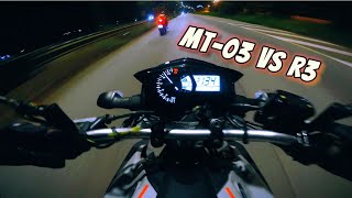 3 HORAS DA MANHÃ YAMAHA MT03 vs R3  ESCAPAMENTO DISARZ [upl. by Neelhtac227]