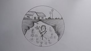 How to draw village girl  water lily collect scenery Drawing with Yesmin [upl. by Alyek386]