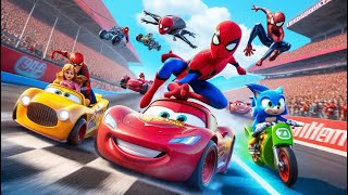 الأبطال الخارقين على دراجة نارية  Superheroes on a motorcycle ride on the Spider Mcqueen bridge [upl. by Sheba252]