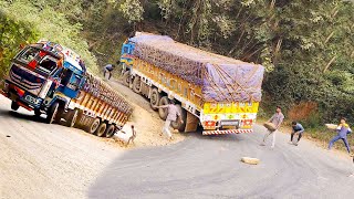 Heavy Loaded Truck Slips off the road  Crazy Truck Driver Unable to Turn at Hairpin Curve Ghat Road [upl. by Omixam77]