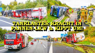 SCHWERER LKWUNFALL AUF A8  TANKLASTWAGEN KIPPT NACH CRASH MIT TRANSPORTER UM  FEUERWEHR [upl. by Ellehcam]