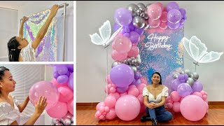 Como hacer un Arco de Globos e instalarlo sobre Tela Shimmer 🦋 Decoracion con Mariposas Led 🦋 [upl. by Naol]