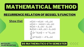 Recurrence Relations of Bessels Function with their proof  Mathematical Method [upl. by Osrock]