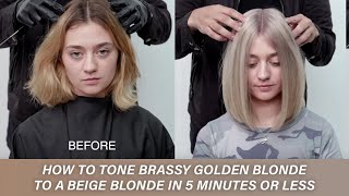 How to tone brassy golden blonde to a beige blonde in 5 minutes or less  Kenra Color [upl. by Ailemap]