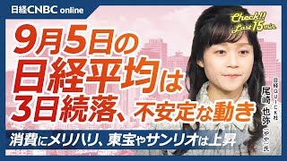 【9月5日木東京株式市場】日経平均株価は3日続落、円高警戒／日本株・半導体⇩エヌビディアに身構え／日銀高田委員発言は／雇用統計など米重要指標の発表続く／実質賃金⇧サンリオも⇧／NY原油が年初来安値 [upl. by Lodhia308]