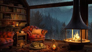 Cozy Hut Ambience in Deserted Forest 🌧️ Soft Jazz Music 🌧️ Rain Sounds amp Crackling Fire for Sleeping [upl. by Livvy]