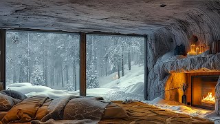 Blizzard Nights With Crackling Fireplace 🌨️ Relaxing Winter Cave Sounds For Stress Relief [upl. by Cram]