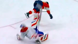 Evan Rodrigues Sam Montembeault Collision FULL CLIP Panthers vs Canadiens  2024 NHL Highlights [upl. by Olivie]