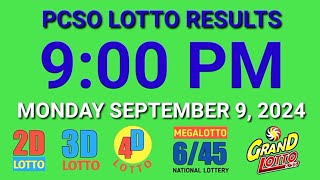 9pm Lotto Results Today September 9 2024 ez2 swertres 2d 3d pcso [upl. by Paddy]