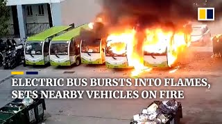 Electric bus bursts into flames sets nearby vehicles on fire in China [upl. by Dnesnwot]