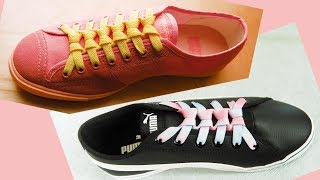 〔靴紐の結び方〕小さなリボンが並んでいるみたいな靴ひもの通し方 平ひも編 how to tie shoelaces 〔生活に役立つ！〕 [upl. by Anomer]