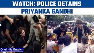 Priyanka Gandhi climbs over barricade dragged by cops at Congress protest  Oneindia NewsNews [upl. by Aikahc]