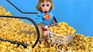 Monkey Baby Bon Bon goes to the supermarket to buy popcorn with duckling and bath with the puppy [upl. by Anoit]