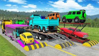 Flatbed Trailer Truck Potholes Transport Car Rescue  Cars vs Deep Water  BeamNGdrive [upl. by Virgie558]