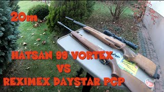 Hatsan 99 Vortex 55mm bez lunety vs Reximex Daystar 45mm PCP z lunetą  strzelamy na 20m [upl. by Aelyk818]