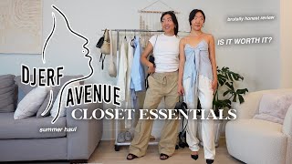 DJERF AVENUE HONEST REVIEW SUMMER WARDROBE ESSENTIALS TRY ON HAUL sizing fit petite [upl. by Erodisi280]