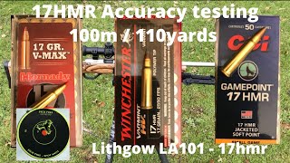 17 HMR AmmoAccuracy tests at 110 yards HornadyWinchesterCCI with Lithgow LA101 [upl. by Gonnella]