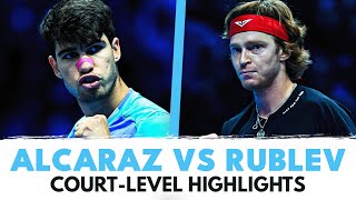 Carlos Alcaraz vs Andrey Rublev CourtLevel Highlights  Nitto ATP Finals 2024 [upl. by Alyac176]