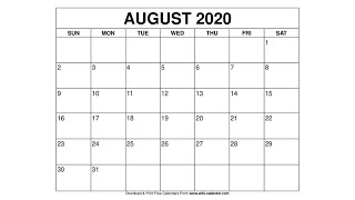 Free Printable August 2020 Calendar  WikiCalendarCom [upl. by Dam]